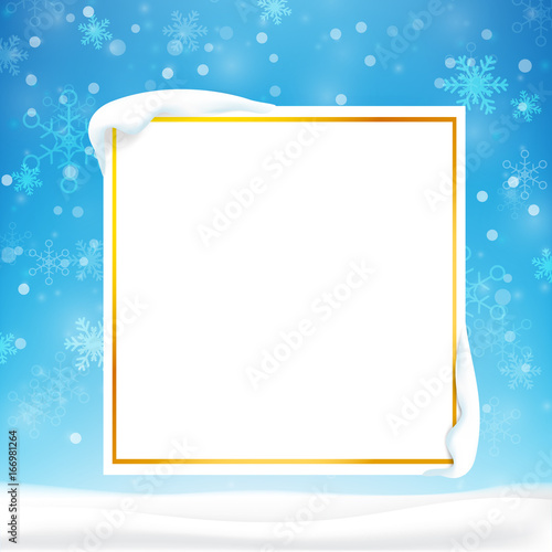 Blank rectangle frame with copy space and winter snow flake falling into snow floor  and lighting over blue abstract background for winter celebration and christmas promotion template 