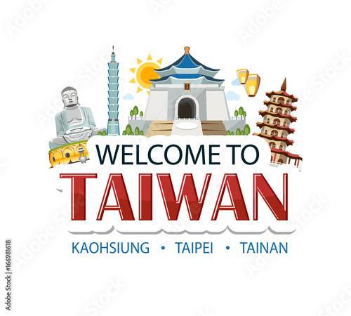 Taiwan lettering sticker header message with traditional sights architecture symbols of country capital
