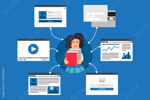 Web Life of Reading Child with books from video, blog, social networks, online shopping and email. Graphic user interface and web pages forms and elements. Vector