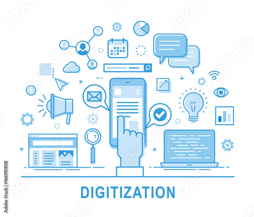 Digitization vector concept illustration with hand clicking on smartphone. Social network, media communication, SEO, SEM, promotion, media planning. Thin line design. Infographics doodle elements.
