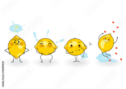 Vector lemon cartoon character set with different emotions on white background