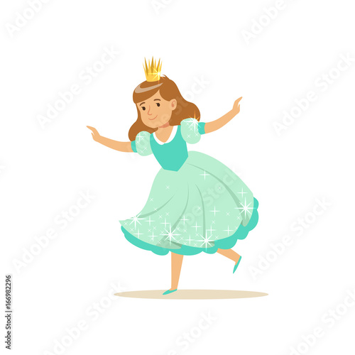 Beautifull little girl princess in a light blue ball dress and golden crown, fairytale costume for party or holiday vector Illustration