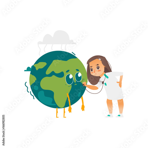 Vector save the planet concept. Flat cartoon girl doctor holding stethoscope examining lungs of earth globe planet sad character with eyes and legs. Isolated illustration on a white background.