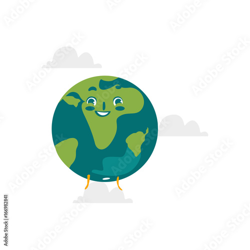 Vector cartoon flat globe happy humanized character with eyes and legs. Expressive emotional illustration isolated on a white background. Flat earth planet with continents, Save the planet concept