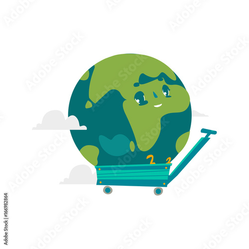Vector cartoon flat globe humanized character with eyes in cart. Expressive emotional illustration isolated on a white background. planet with continents, Save the planet concept