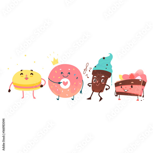 Vector sweet humanized character set. Donut in gold crown, macaroon, chocolate cake and cupcake with arms and legs. Flat cartoon isolated illustration on a white background. Funny smiley dessert