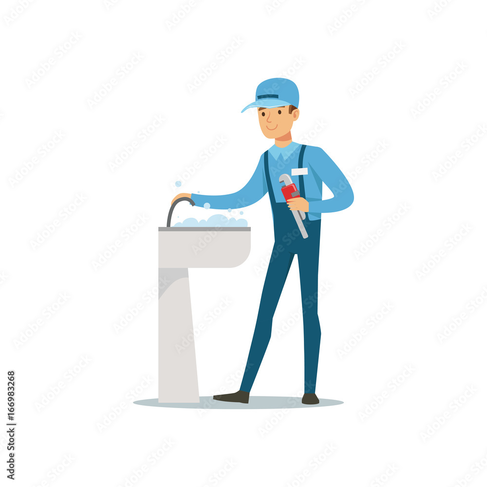 Proffesional plumber man character with monkey wrench repairing faucet tap, plumbing work vector Illustration Proffesional plumber man character with monkey wrench repairing faucet tap, plumbing work vector Illustration