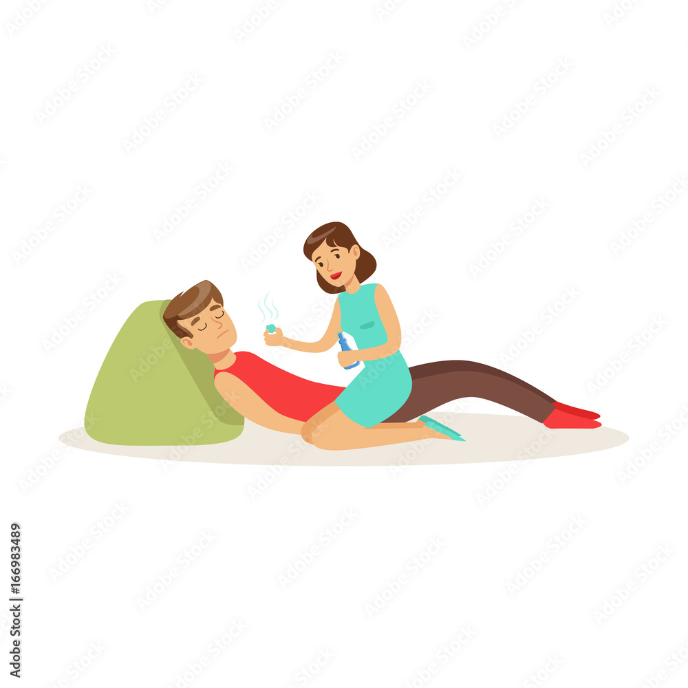 Obraz premium Woman providing first aid to a lying unconscious man vector Illustration