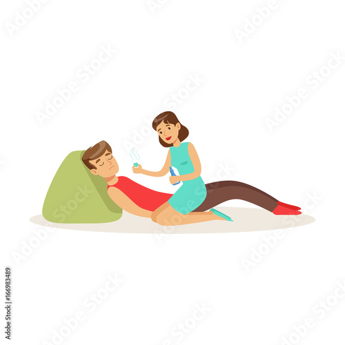 Woman providing first aid to a lying unconscious man vector Illustration