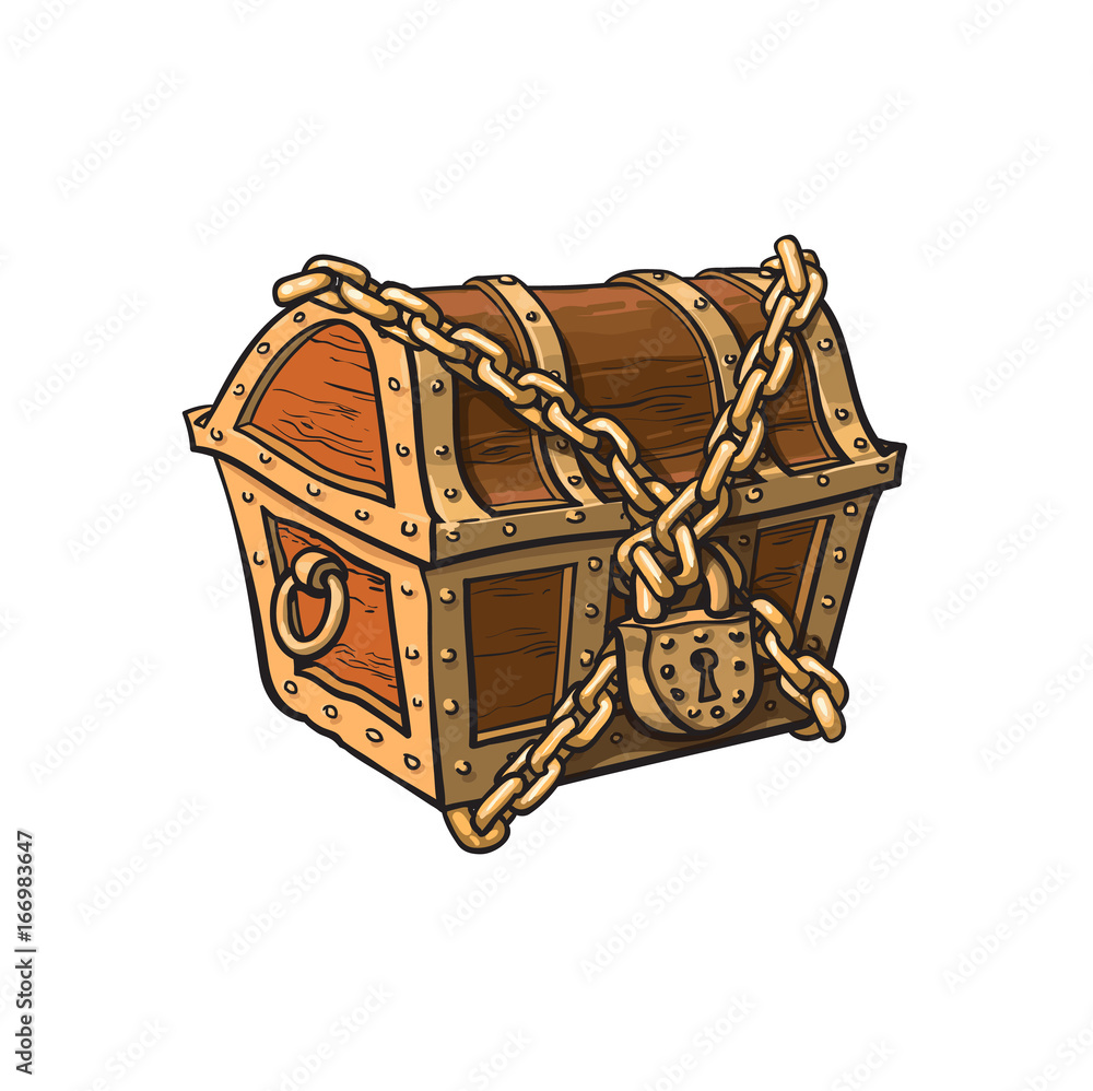 vector closed locked chained wooden treasure chest. Isolated