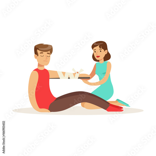 Woman bandaging the hand of the injured man, first aid vector Illustration