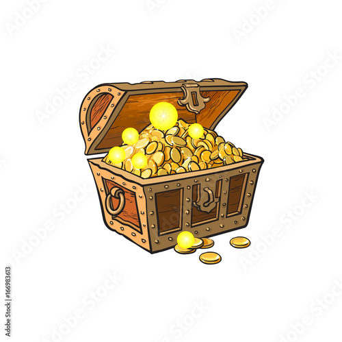 vector opened wooden treasure chest full of golden coins. Isolated illustration on a white background. Flat cartoon symbol of adventure, pirates, risk profit and wealth.