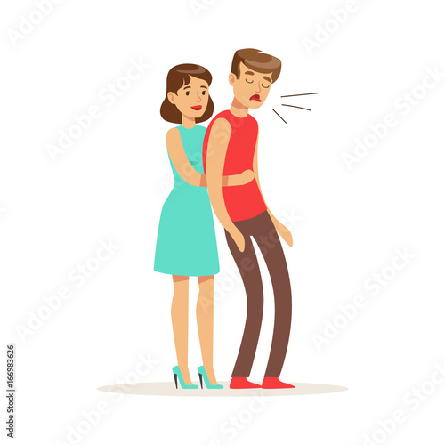 Woman giving choking man a heimlich maneuver, first aid vector Illustration