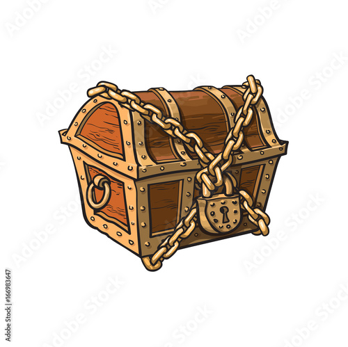 vector closed locked chained wooden treasure chest. Isolated illustration on a white background. Flat cartoon symbol of adventure, pirates, risk profit and wealth.