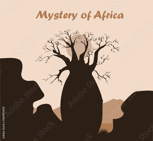 Baobab tree landscape with rock and mountains. Baobab silhouette. African mystery background