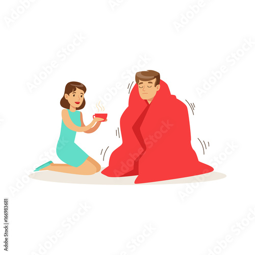 Woman helping a frozen man wrapped in red a blanket, first aid vector Illustration