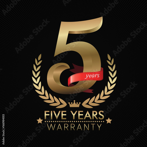 5 Years Warranty background with red ribbon. Poster, label, badge or brochure template. Vector illustration