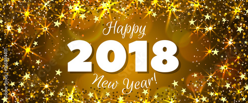 Happy New Year 2018 greeting horizontal banner. Festive illustration with colorful confetti, party popper and sparkles. Vector