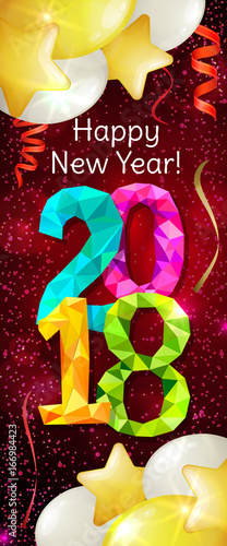 Happy New Year 2018 greeting vertical banner. Festive illustration with colorful confetti, party popper and sparkles. Vector