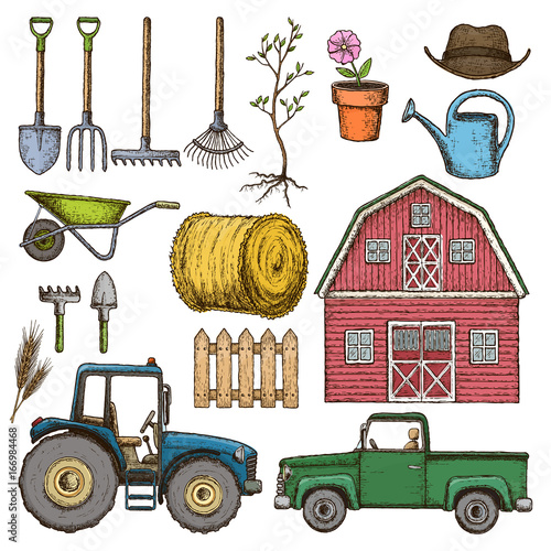 Set of sketch colorful farming equipment icons. Farming tools and agricultural machines. Vector