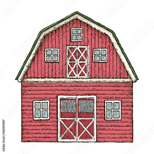 Farming barn. Red wooden farm house, colorful sketch illustration. Vector
