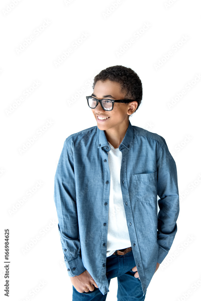 portrait of happy african american teenage boy in eyeglasses posing isolated on white portrait of happy african american teenage boy in eyeglasses posing isolated on white
