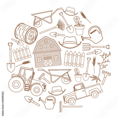 Set of farming equipment liine icons. Farming tools and agricultural machines decoration. Vector photo