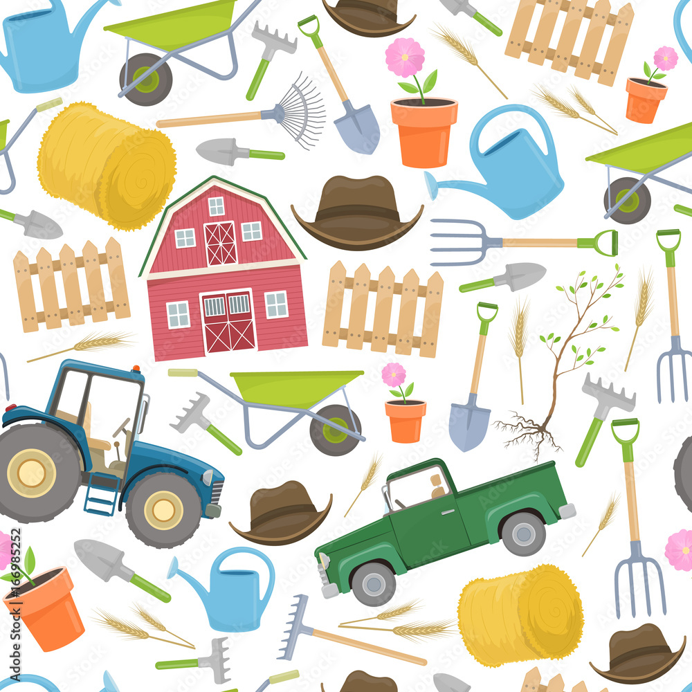 Seamless background of colorful farming equipment icons. Farming tools and agricultural machines decoration. Vector