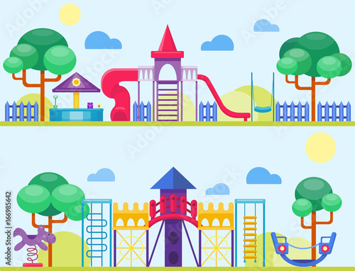 Children playground fun childhood play park activity flat vector illustration