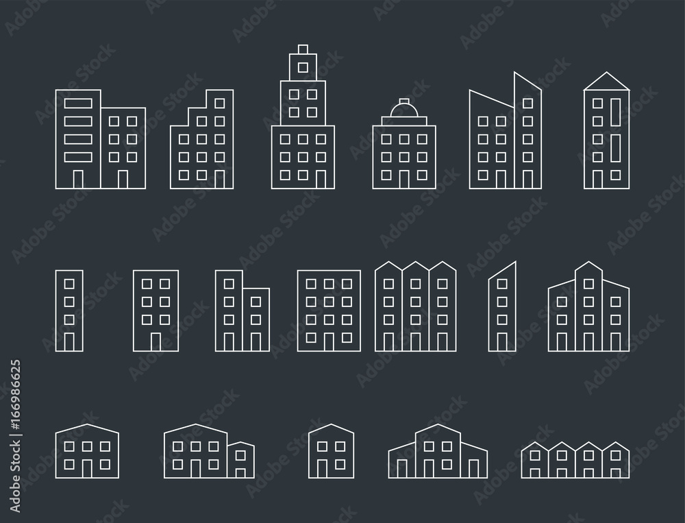 Buildings icons in isolated on black background, Set of different buildings