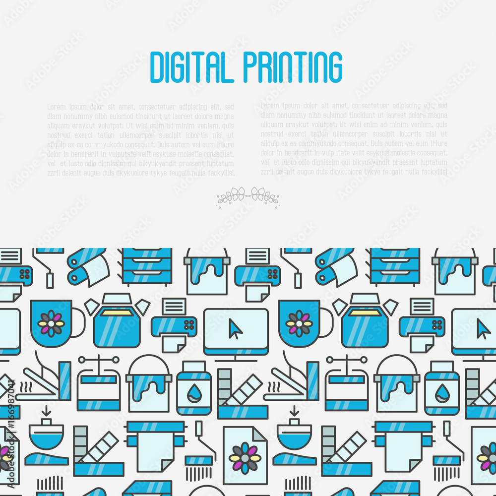 Digital printing concept with thin line icons. Vector illustration for web page, banner, print media. Digital printing concept with thin line icons. Vector illustration for web page, banner, print media.