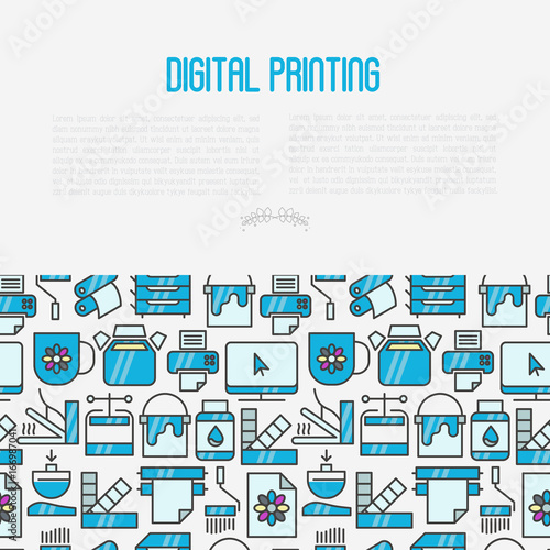 Digital printing concept with thin line icons. Vector illustration for web page, banner, print media.