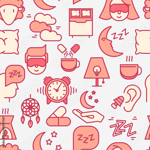 Sleep and insomnia seamless pattern with thin line icons: man in sleeping mask, comfortable pillow, alarm, aroma lamp, earplugs, sheep. Vector illustration for banner, web page, print media.