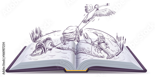 Open book Fable of swan pike and crawfish