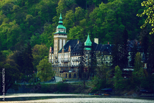 Lillafured palace in Miskolc, Hungary. Lake Hamori in foreground. Travel outdoor hipster landmark background photo