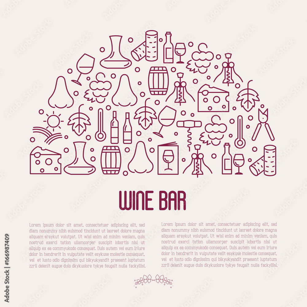 Wine bar concept for restaurant menu of natural alcohol drinks. Vector illustration with thin line icons related with wine making and winery.