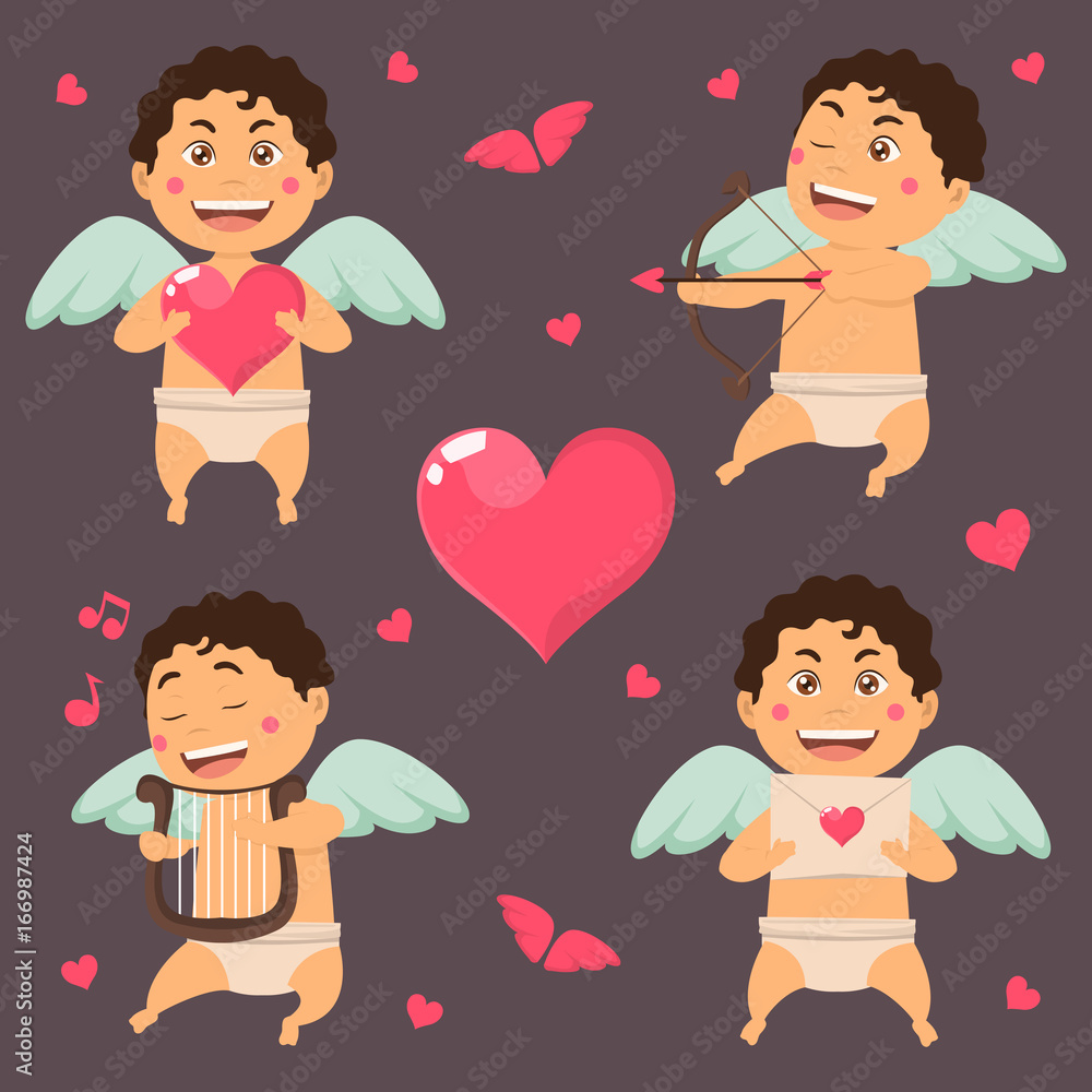 Lovely cupid character pose with flat color style an love background Lovely cupid character pose with flat color style an love background