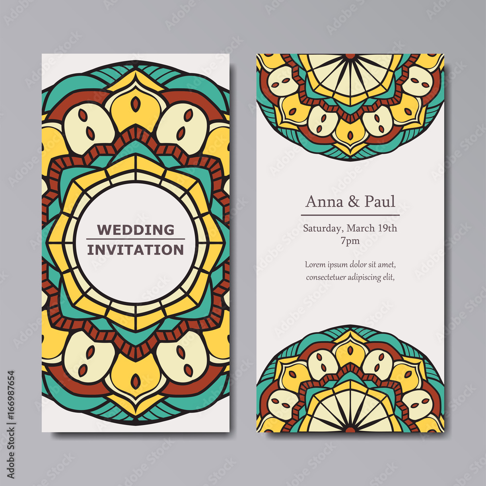 Wedding invitation with floral mandala background and flat color style