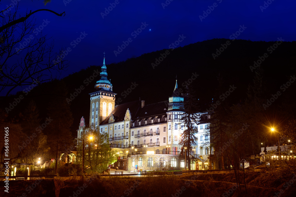 Lillafured palace in Miskolc, Hungary at night with illumination. Travel outdoor hipster landmark background