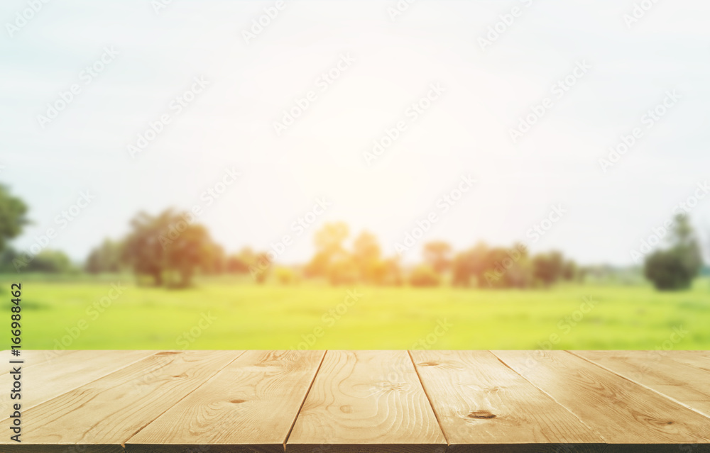 Empty wooden table with blurred green and sky natural abstract background.