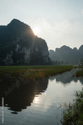 Limestone Landscape with Lake and Reflection, Tam Coc, Vietnam