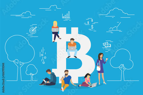 Bitcoin concept vector illustration of young people using laptop and smartphone for online funding and making investments for bitcoin and blockchain. Flat design of new technology