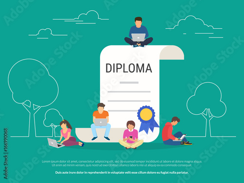 Graduation diploma concept vector illustration of young people using laptop, tablet pc and smartphone for distance studying and education. Flat design of guys and young women near big diploma symbol