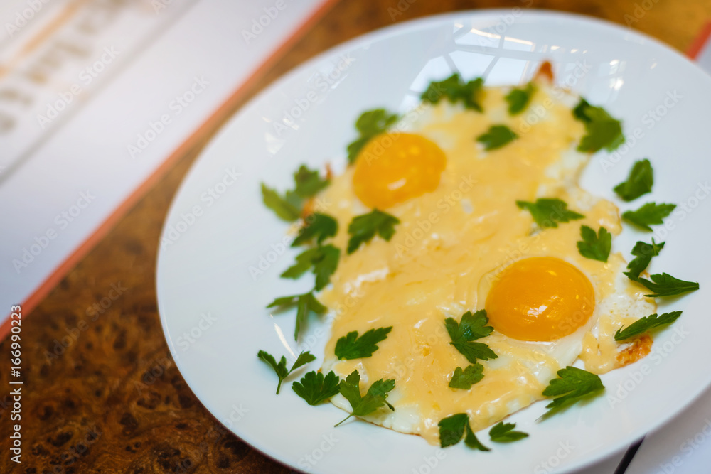 Two fried eggs for healthy breakfast . Two fried eggs for healthy breakfast .