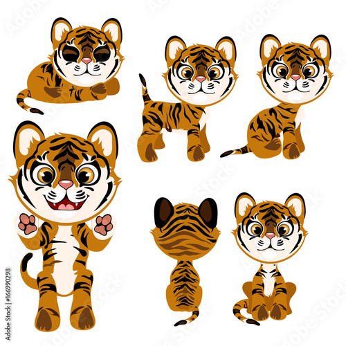 Fototapeta Naklejka Na Ścianę i Meble -  Cartoon tiger in different poses and with different mood. Vector illustration on a white background for animation, games, veterinary projects, childrens books and other design needs