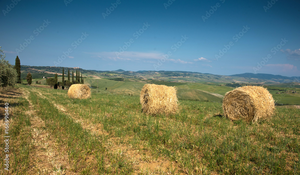 Beautiful landscape with twisted haystack in a field  in Toscana, Italy