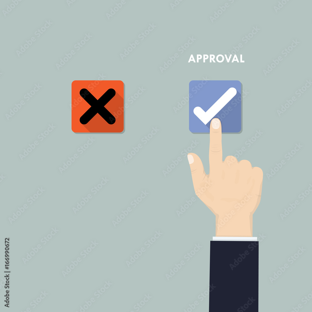 Hand pushing button with checkmark.Rejection and Approval decision concept.Hand, finger pressing buttons Rejection or Approval sign. Hand pushing button with checkmark.Rejection and Approval decision concept.Hand, finger pressing buttons Rejection or Approval sign.