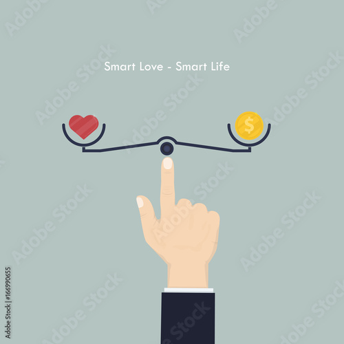 Human hand with heart sign and money coin icon.Smart love and Smart life concept.Work life balance concept.Vector illustration.