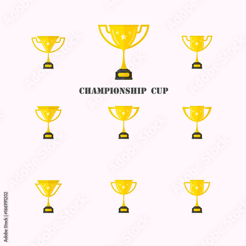 Set of different golden cups.Golden trophy cup isolated on white background.Premium quality.Shiny golden winner cup. Vector illustration.