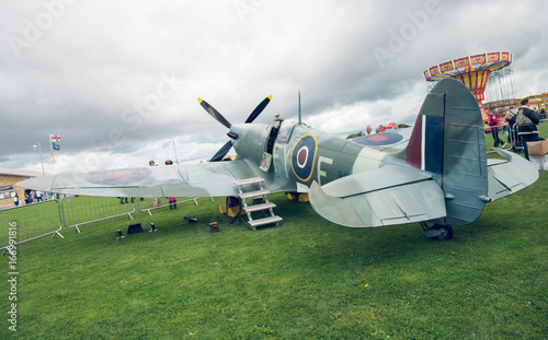 morecambe, england, 02/05/2016, A full life size spitfire war plane replica with giant propellors, in a field on view to the public.